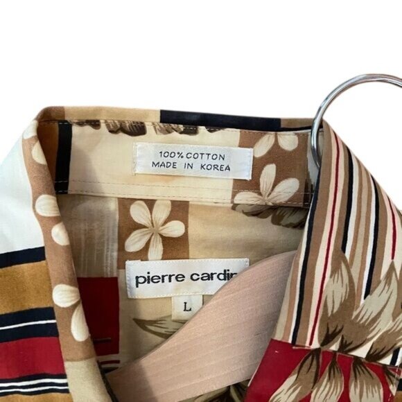 Pierre Cardin Mens Hawaiian Shirt L Short Sleeve Tropical Print 100% Cotton Beig - Picture 4 of 6